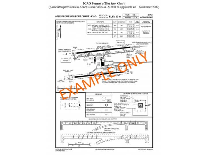 An aerodrome hot spot chart highlighting safety areas for pilots.