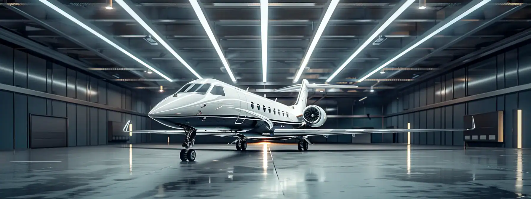 a sleek, modern hangar interior showcases a cutting-edge private jet with glossy finishes, dramatic overhead lighting accentuating its aerodynamic curves, and vibrant digital displays highlighting the latest aviation technology.