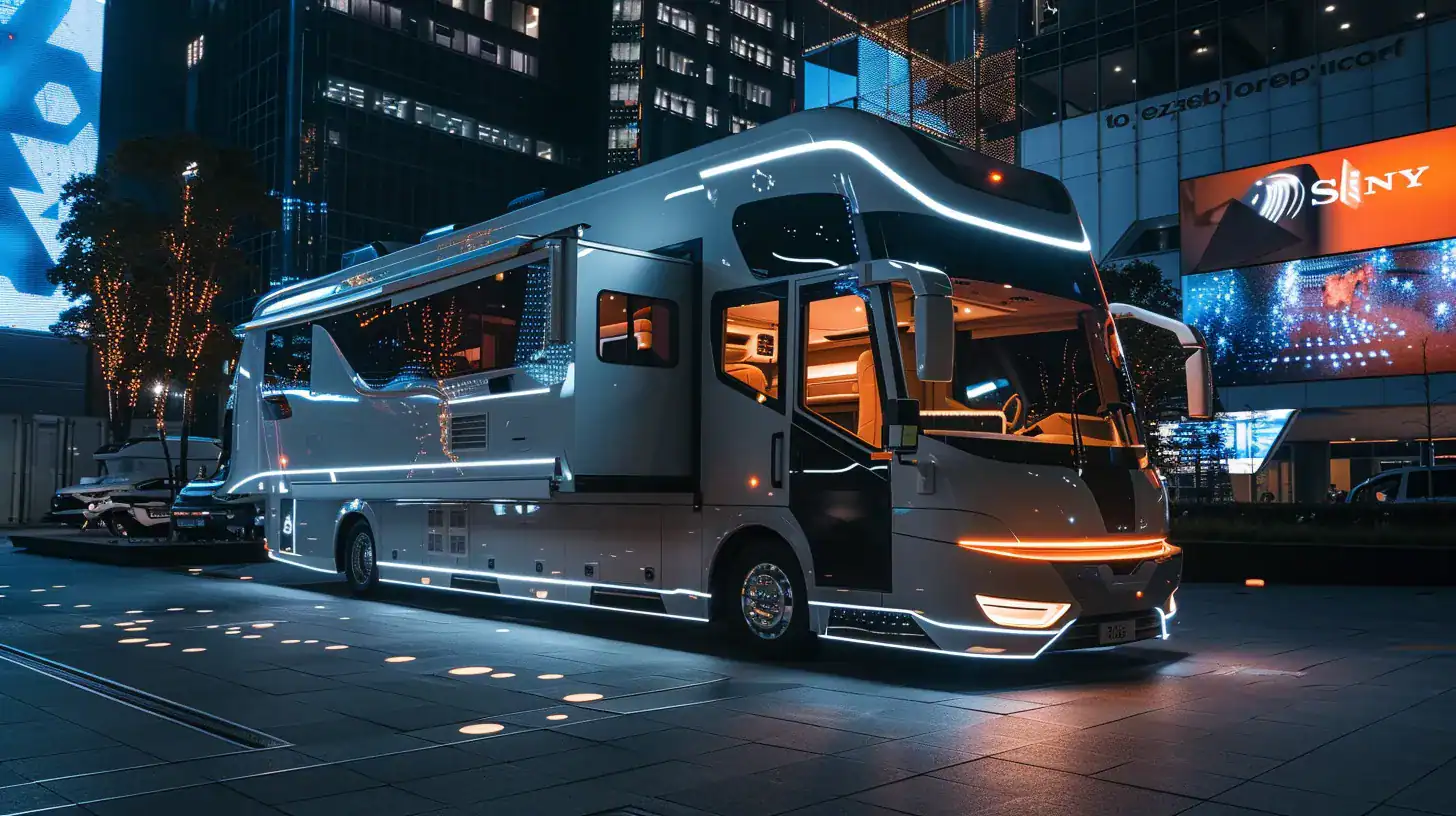 an illuminated modern rv showcases modern design elements inspired by nasa technology in a sleek urban setting, with a backdrop of iconic aerospace architecture and digital screens displaying aerospace advancements, creating a dynamic blend of innovation and recreational freedom.