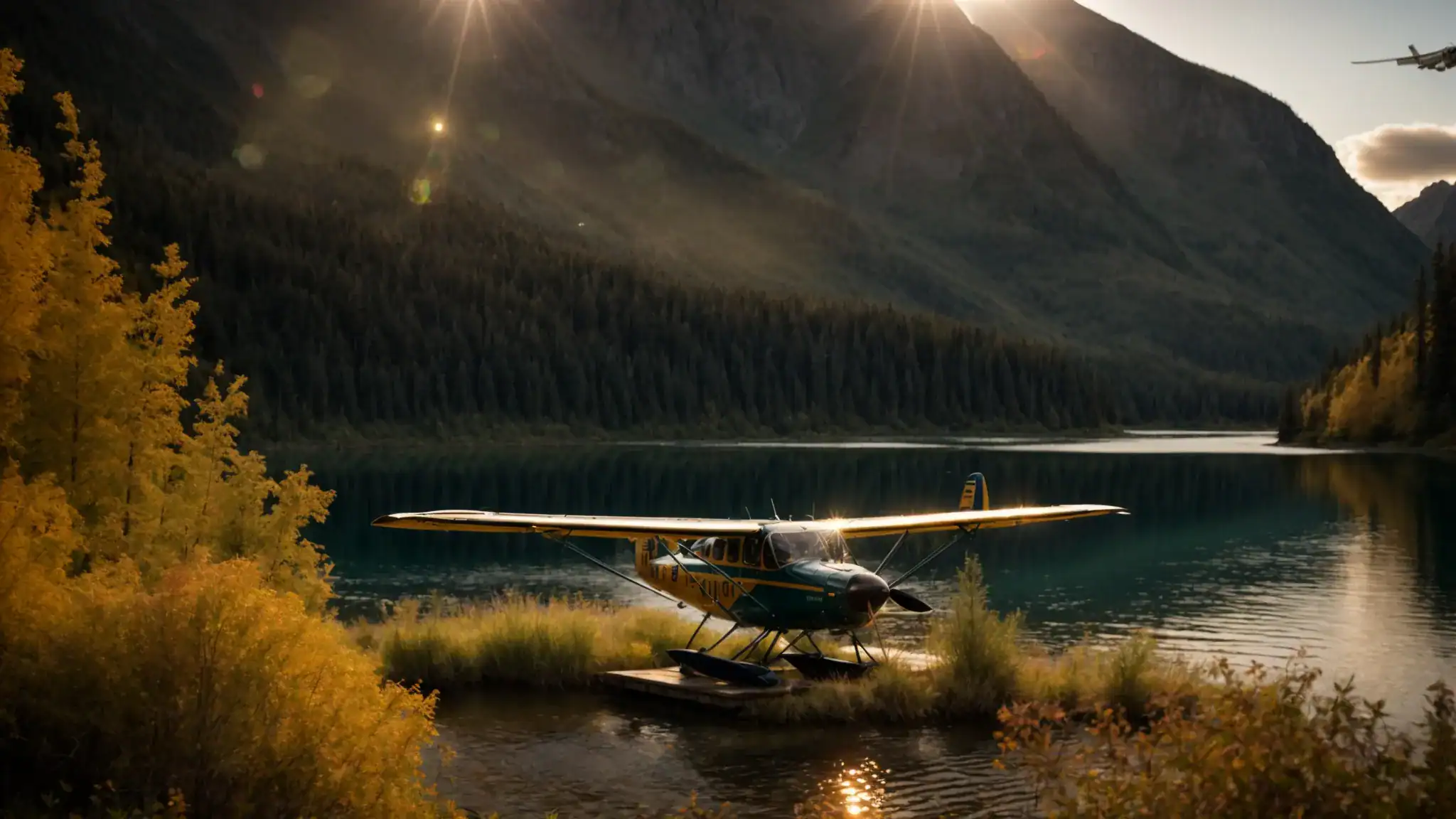 a dramatic sunrise casts golden light over a rugged backcountry lake, showcasing a carefully detailed de havilland beaver seaplane docked near a bush pilot’s campsite, with towering mountains rising majestically in the background.