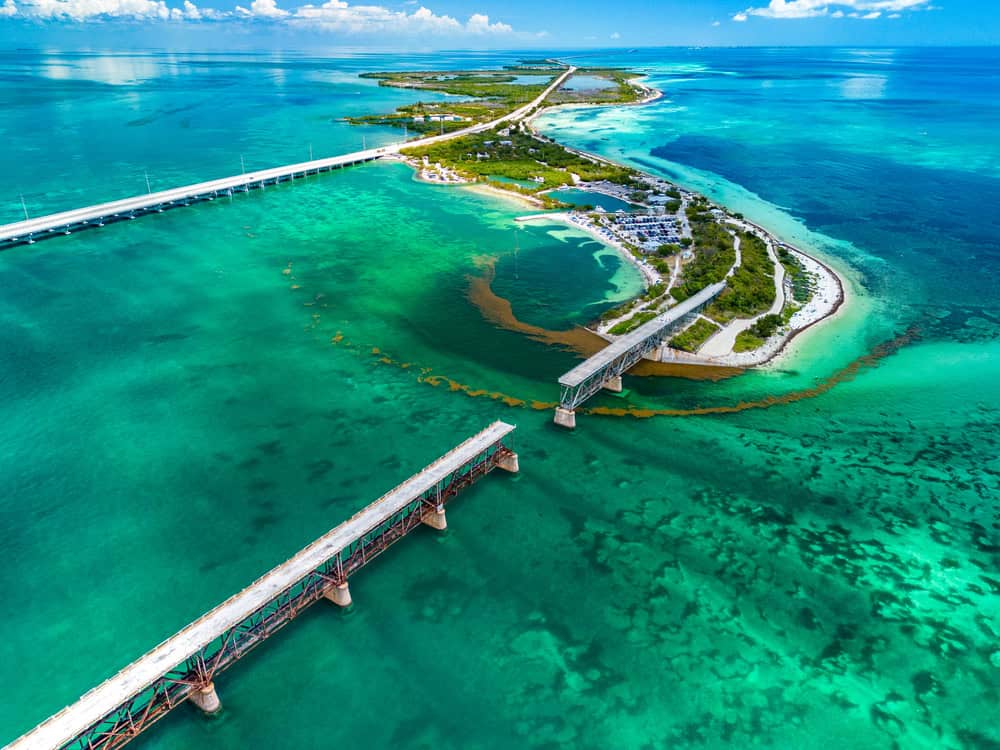 Aerial view of the Florida Keys with bridges and turquoise waters.
