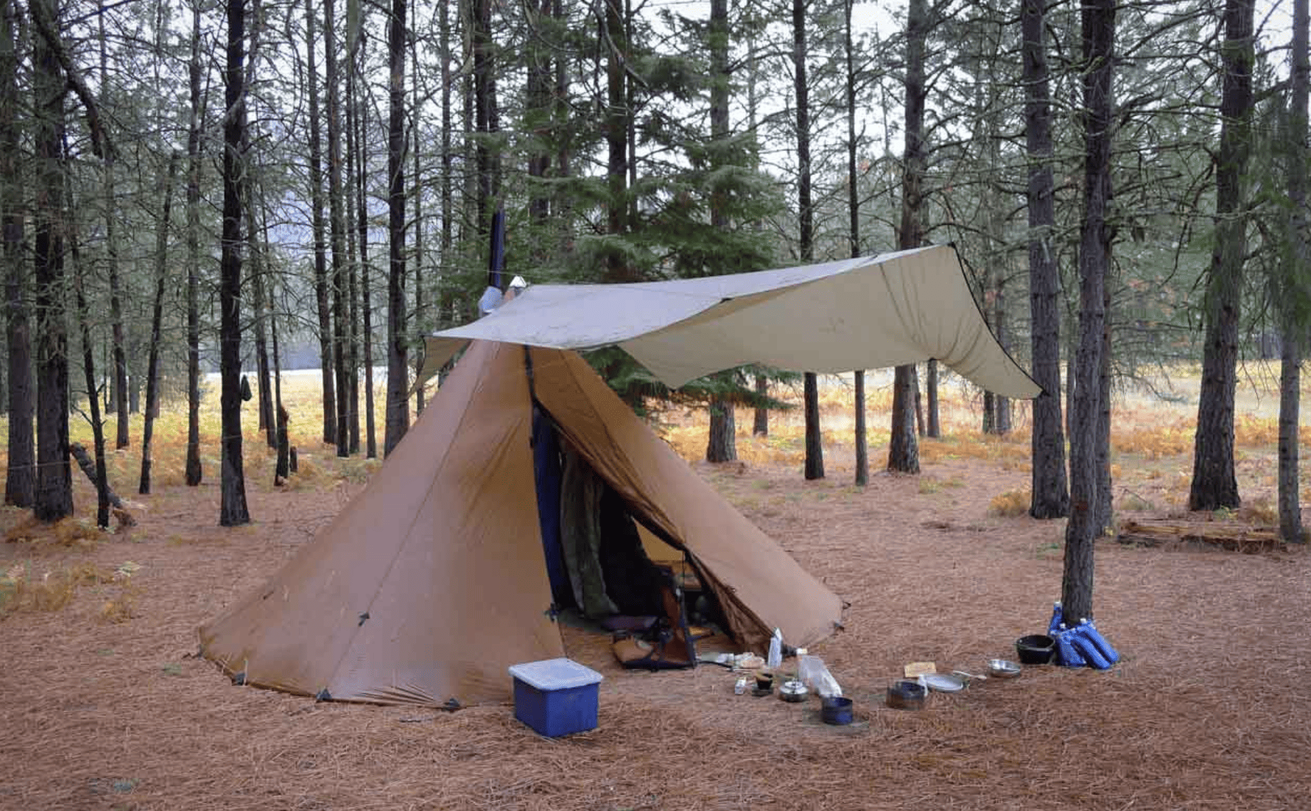 Bushplane camping tent with tarp shelter in a wooded area.