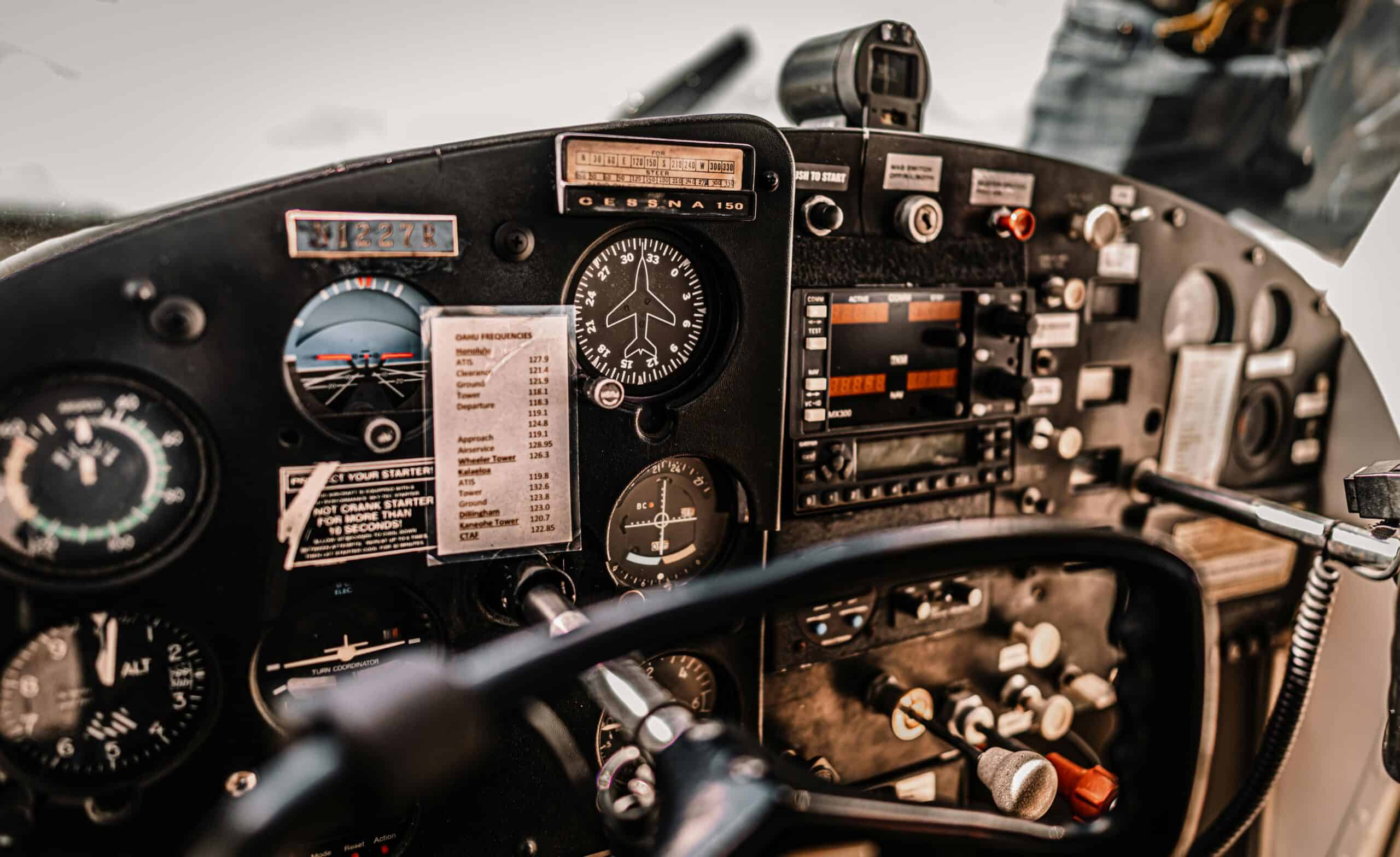 Aircraft cockpit instrumentation and controls for pilot operation.