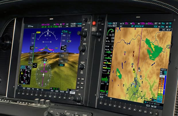 Advanced cockpit navigation screens with GPS and terrain mapping.