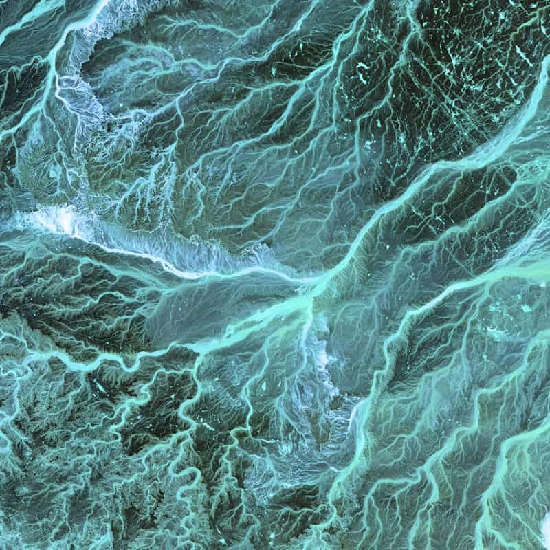 Aerial view of a river delta with intricate waterways and lush green terrain.