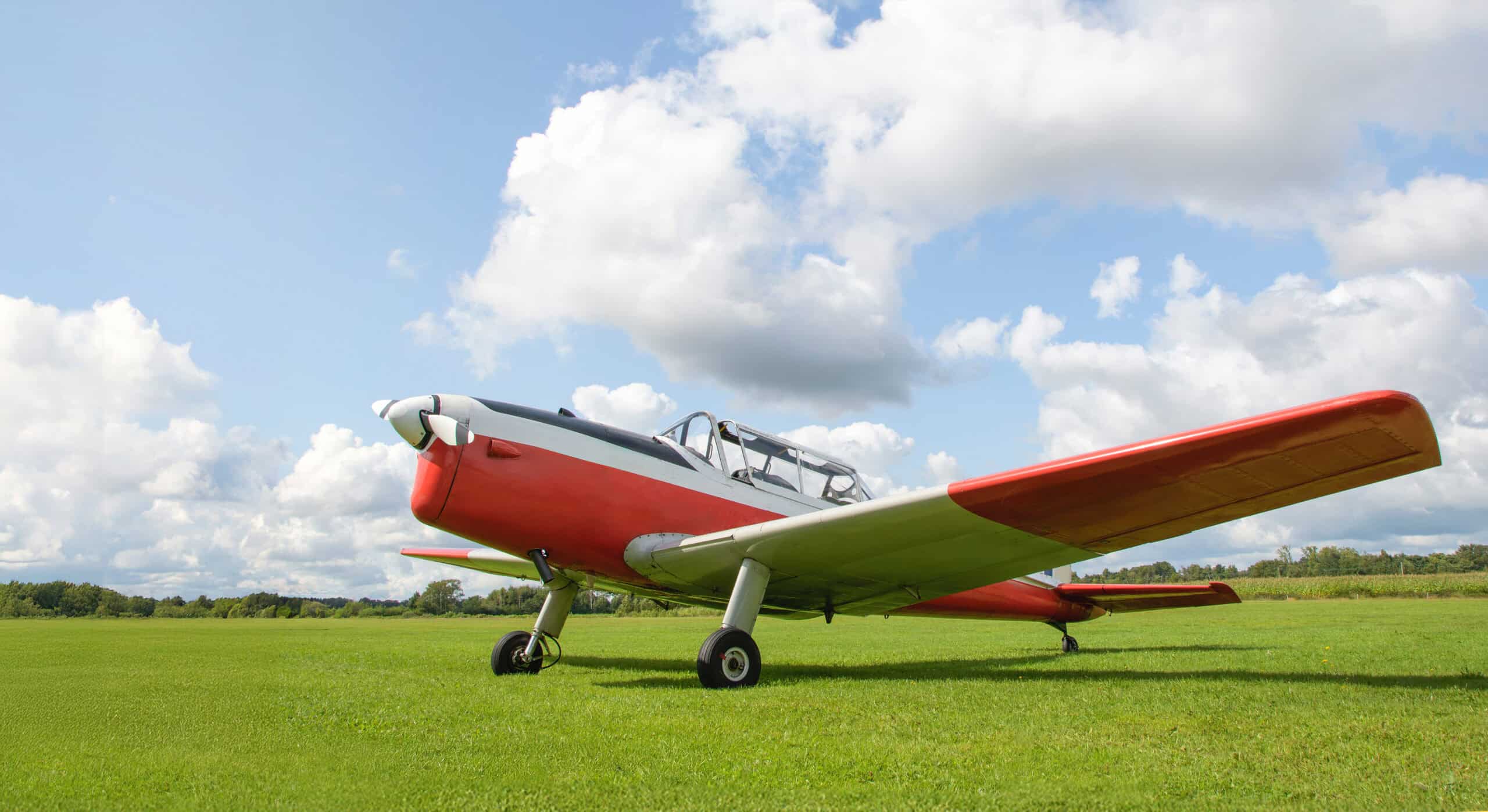 Small red and white training aircraft parked on a grassy field under a partly cloudy sky.