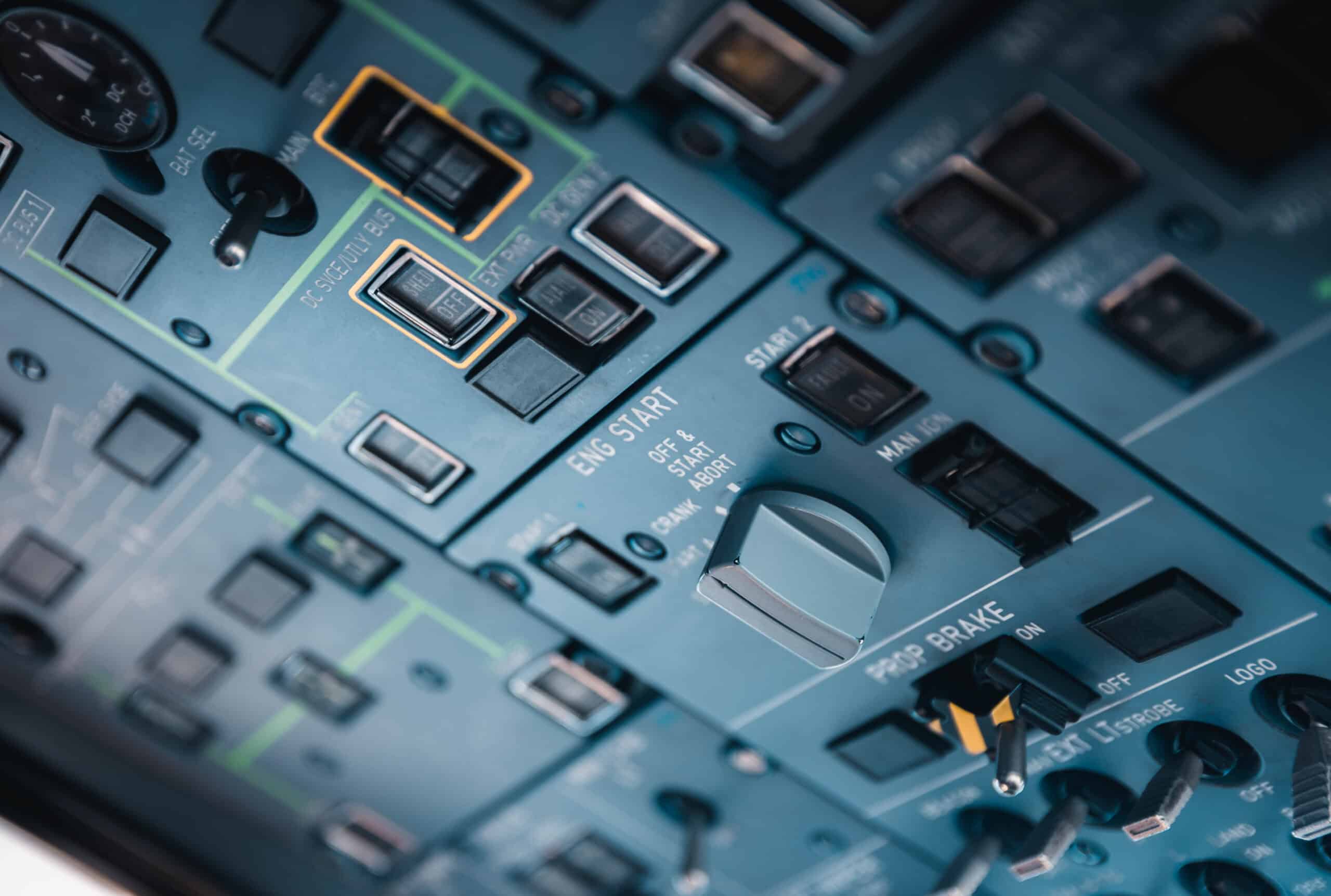 Overhead panel detail of an aircraft cockpit