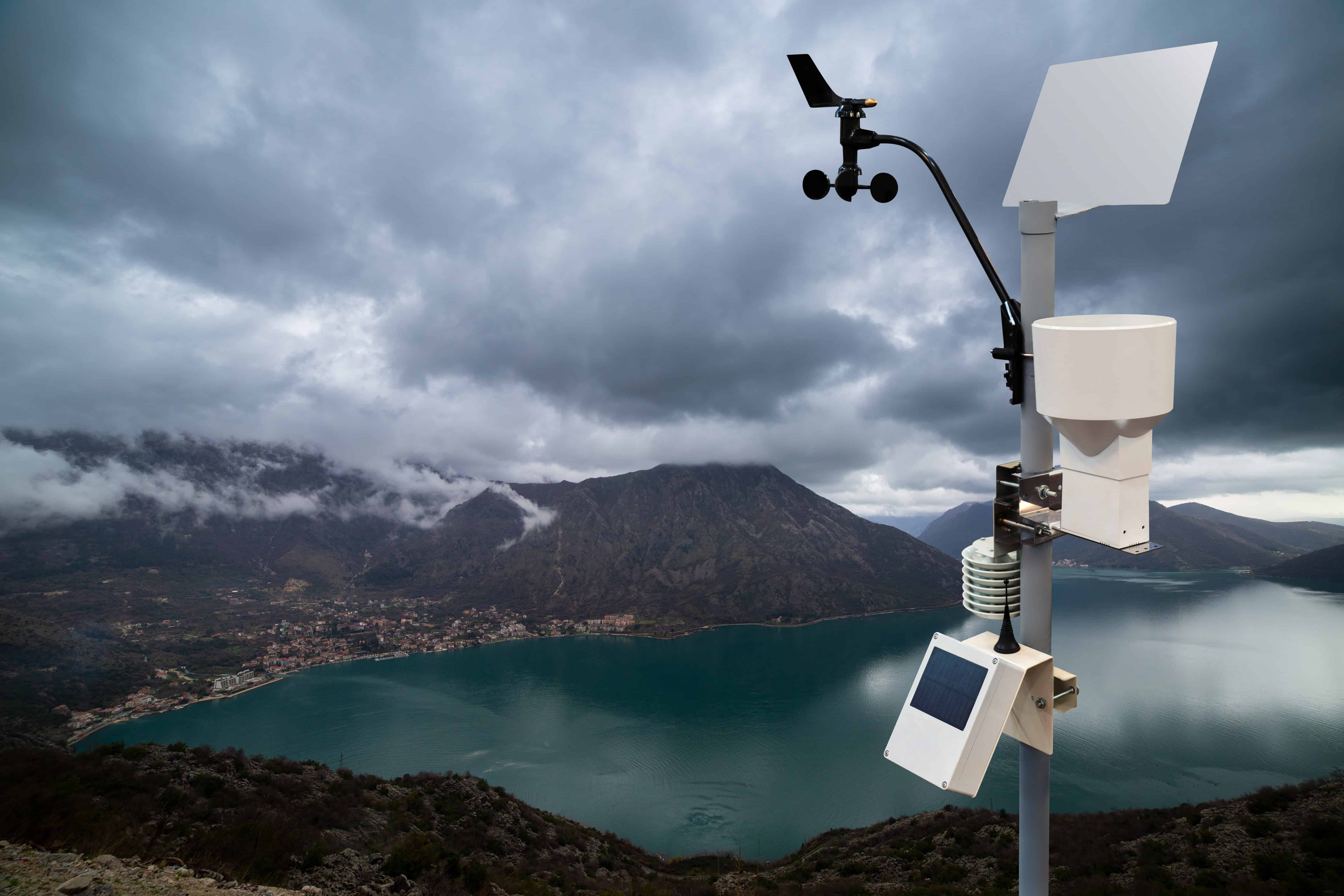 aviation weather decision-making — weather station with anemometer overlooking stormy sky