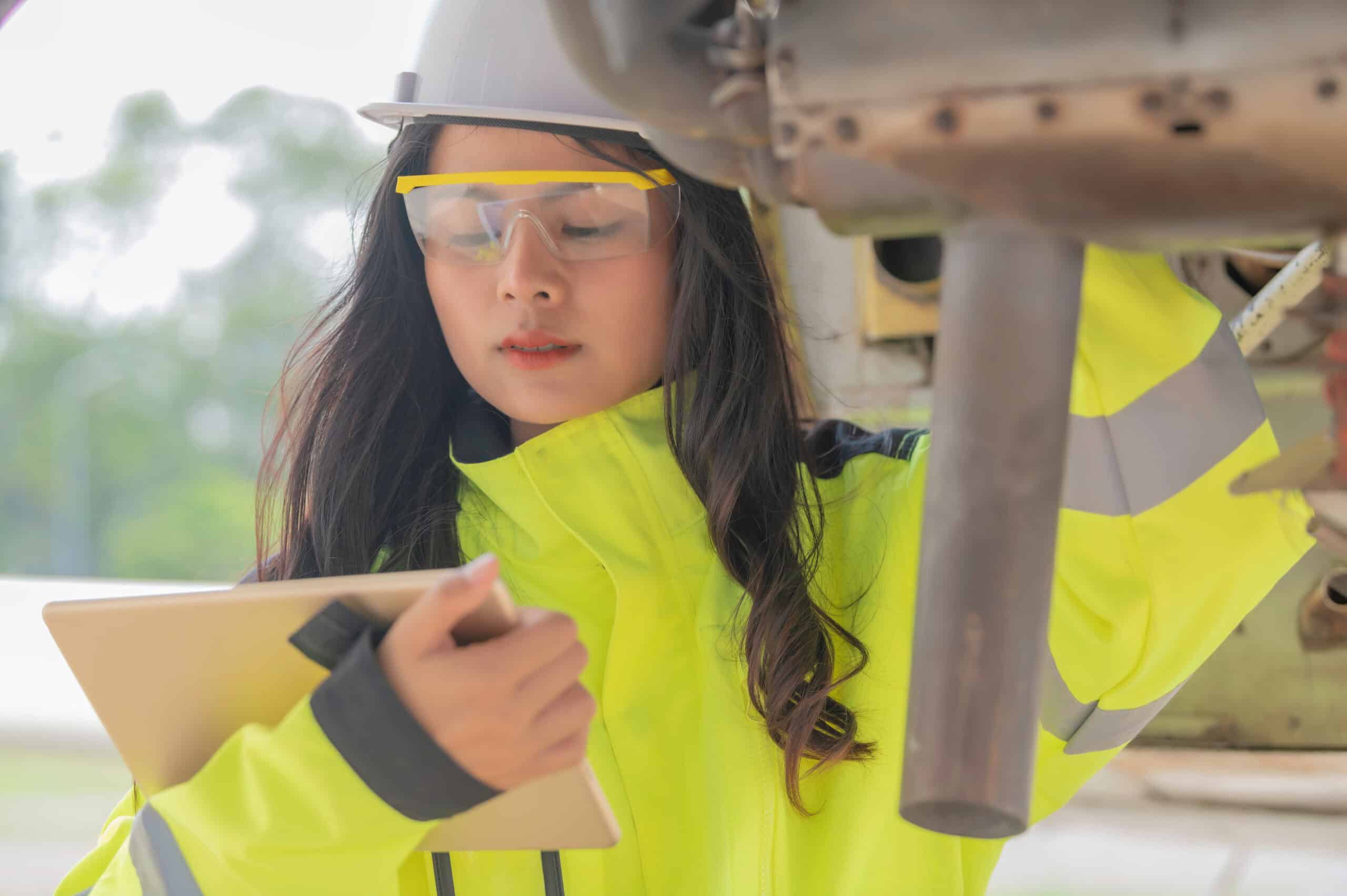 A woman in safety gear inspecting an aircraft with a tablet.