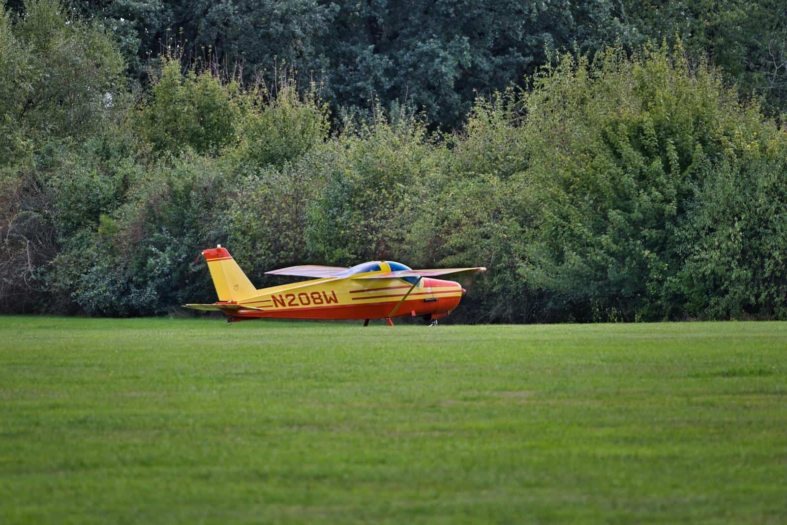 Red and yellow experimental aircraft on a grass airstrip
