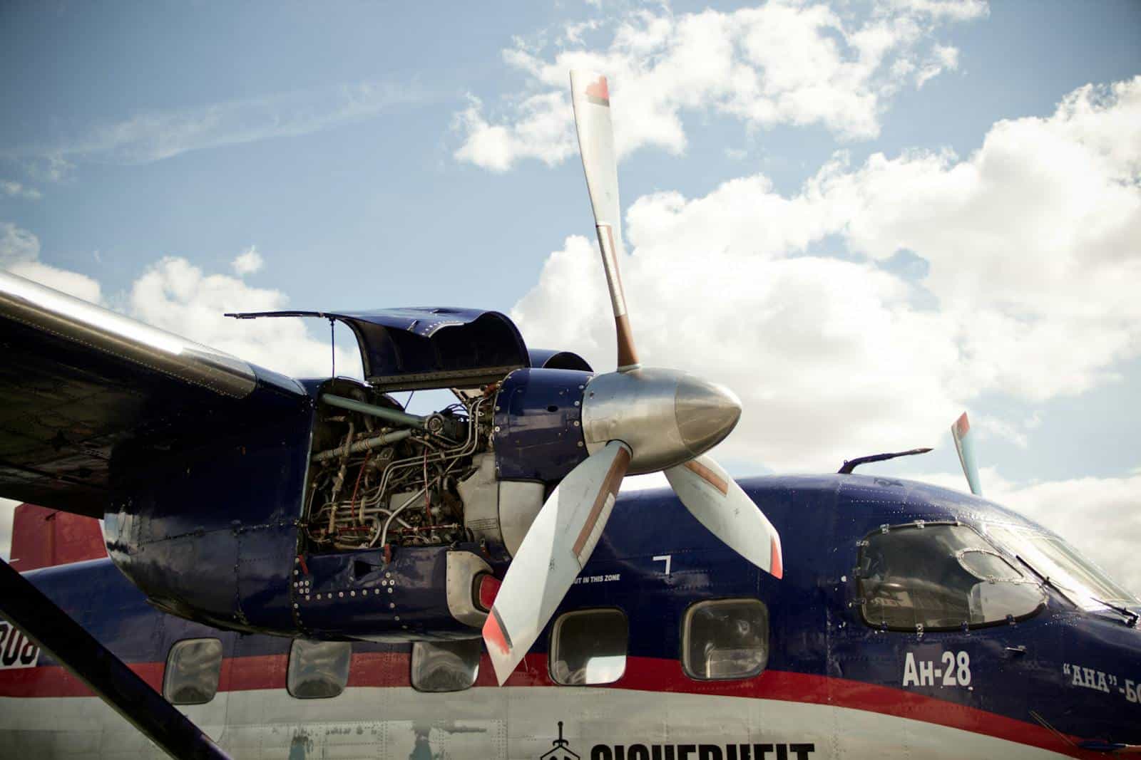 Close-up of a parked turboprop aircraft engine