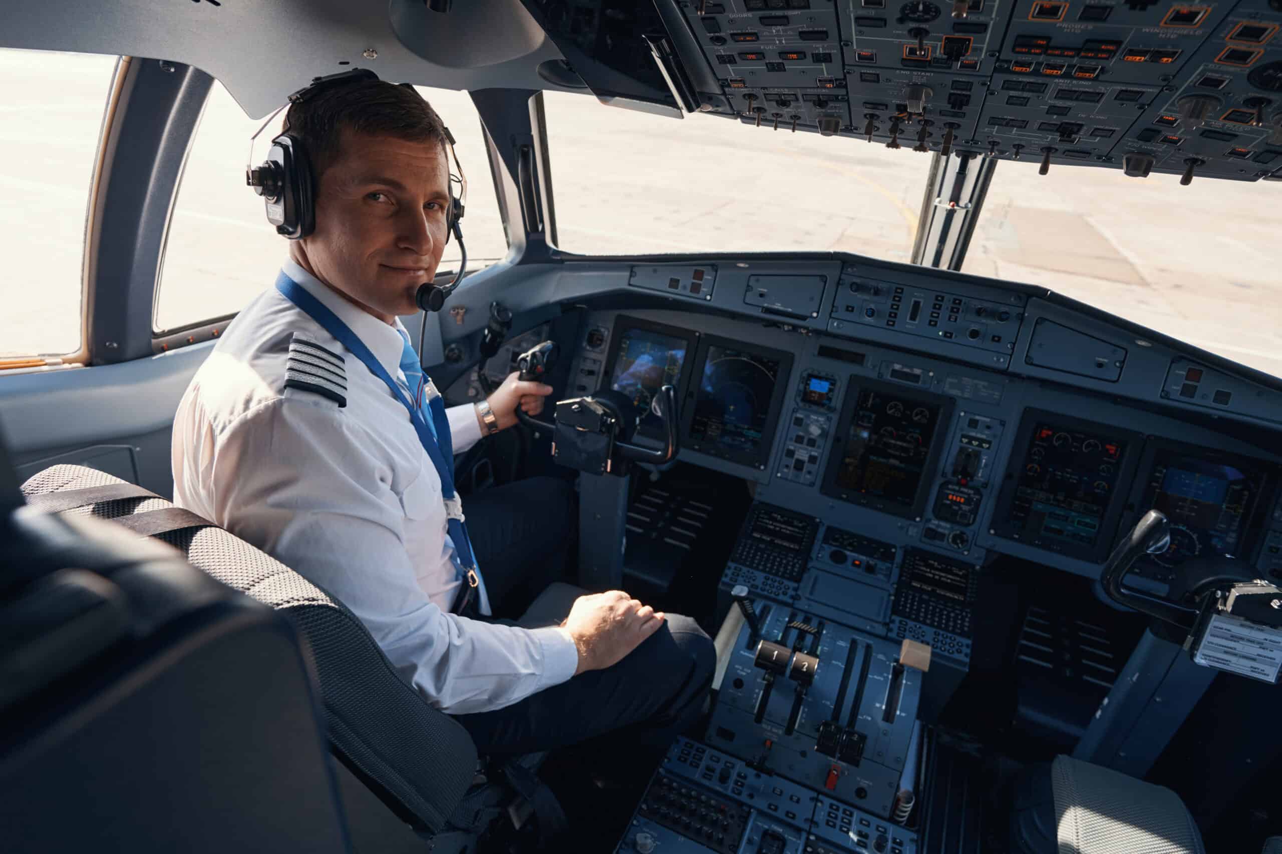 Aircraft pilot looking back from seat in cockpit