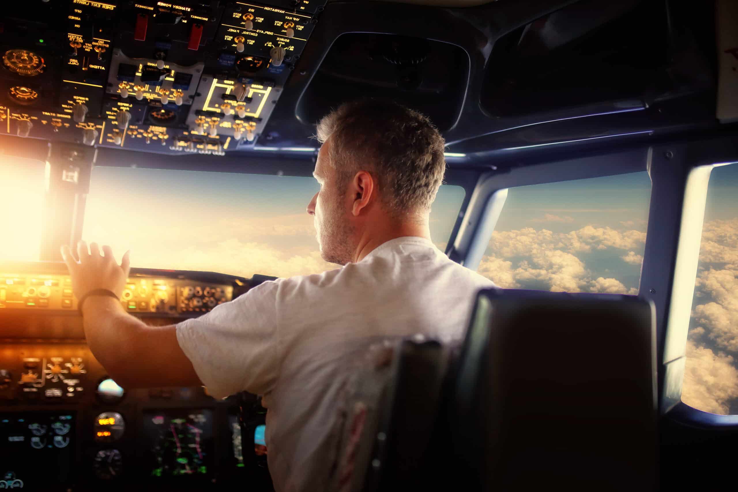 Pilot practicing slow flight training in GA aircraft cockpit at altitude