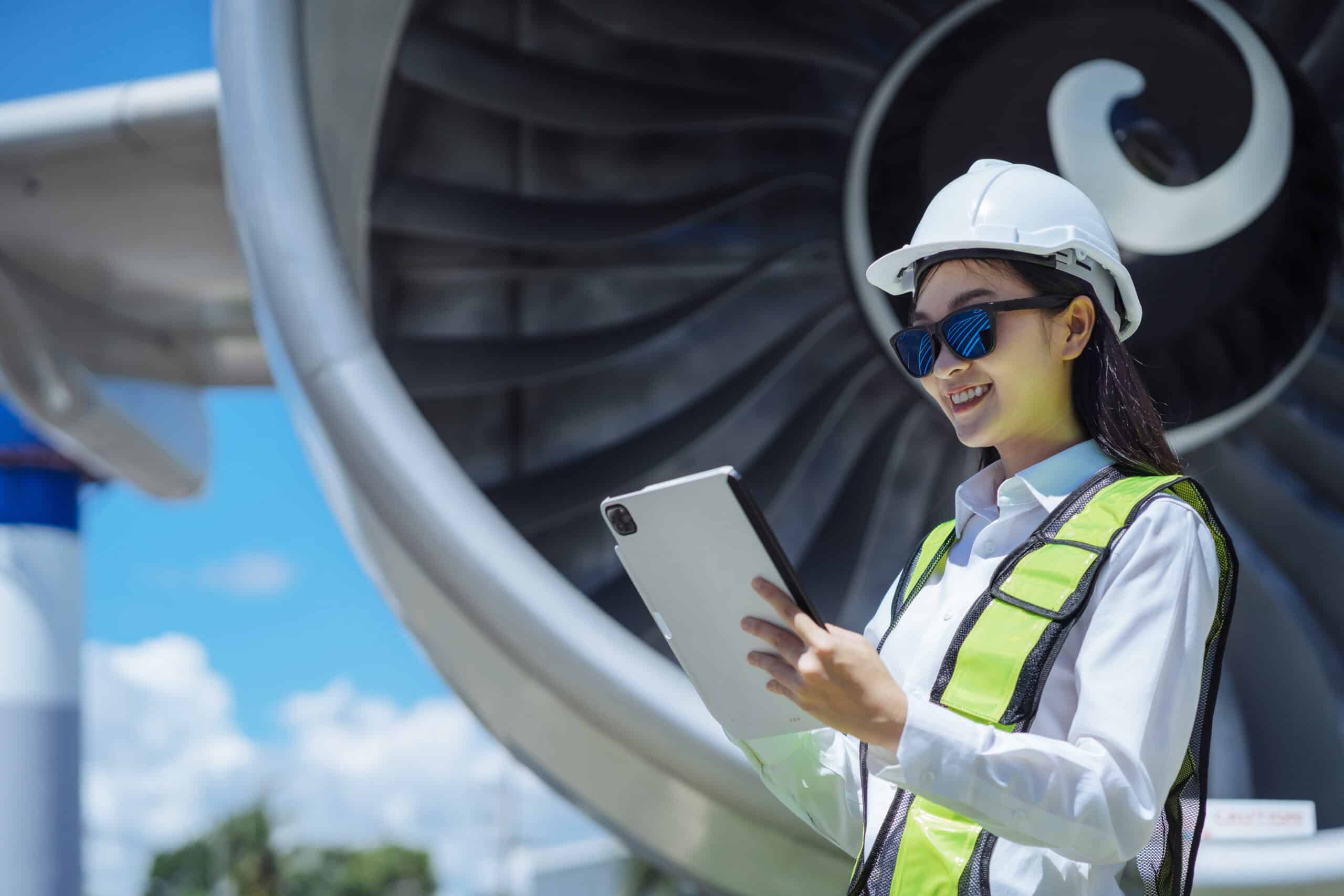 Female aviation engineer inspecting aircraft engine with tablet outdoors.