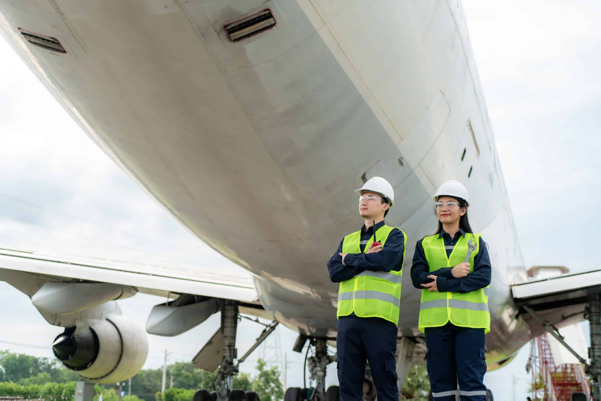Aircraft maintenance engineers inspecting a large airplane on the tarmac.