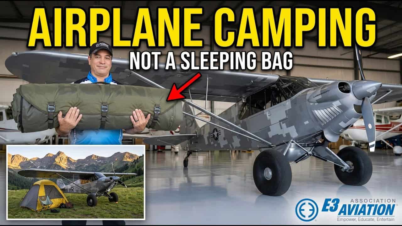 E3 Aviation host holds the rolled Born Outdoor airplane camping bedroll in front of a CubCrafters Carbon Cub in the hangar.