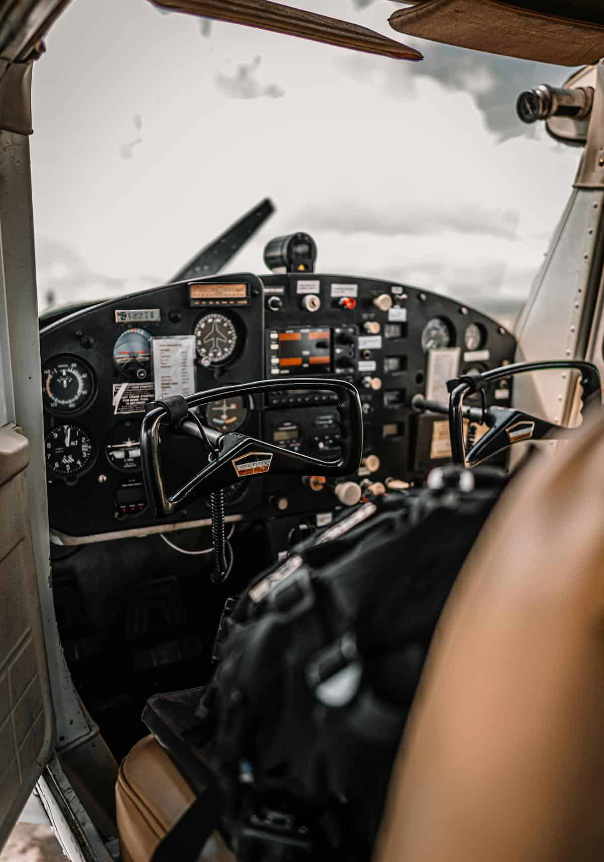 Light aircraft control panel with yokes and instruments