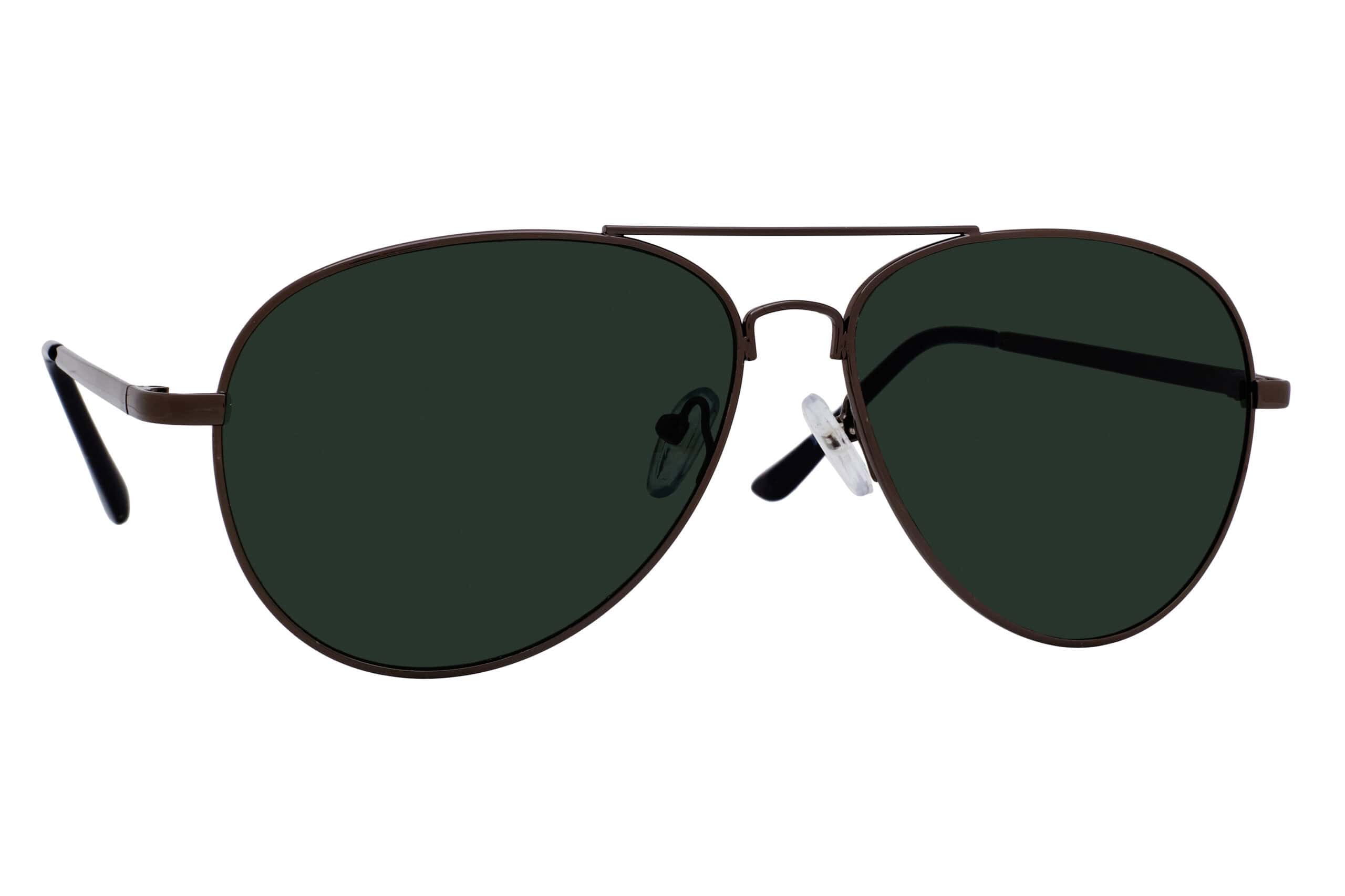 Close-up of pilot sunglasses lens — classic green-gray aviator tint.