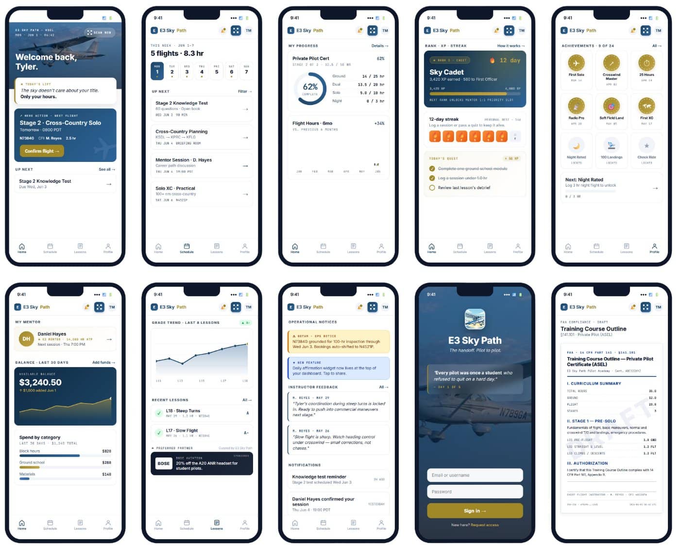 Mobile app screens for aviation training and flight planning.