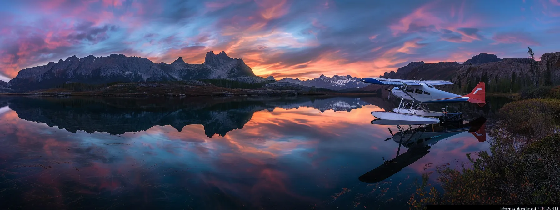 A De Havilland Beaver seaplane rests on calm waters at sunrise, nestled near a rustic bush pilot's campsite, with towering mountains silhouetted in the background and essential aviation gear spread out, capturing the rugged spirit of aircraft maintenance in nature's embrace.