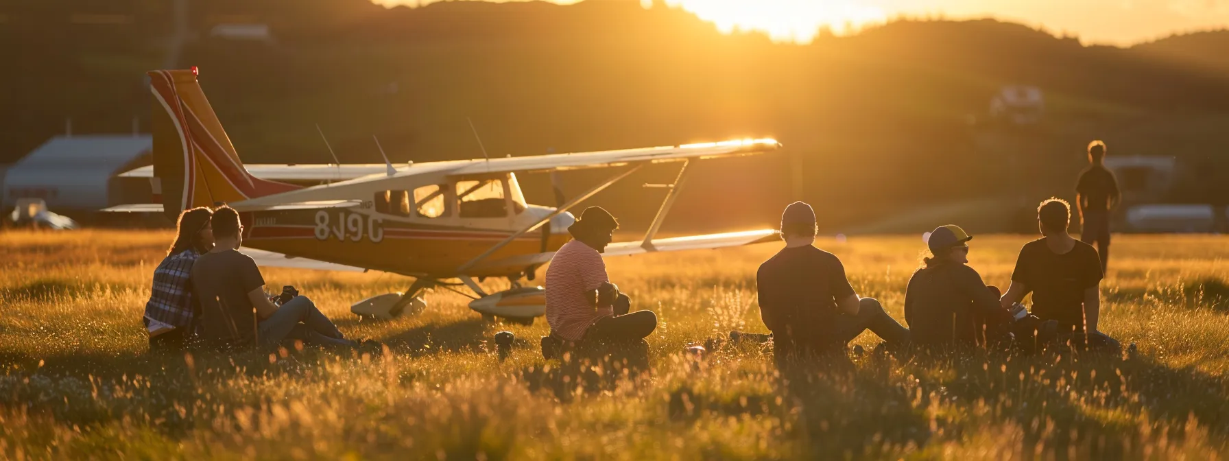 a diverse group of pilots and backcountry flying enthusiasts joyfully network around a vibrant bush plane at a sunlit grass airfield, capturing the spirit of community and adventure in aviation.