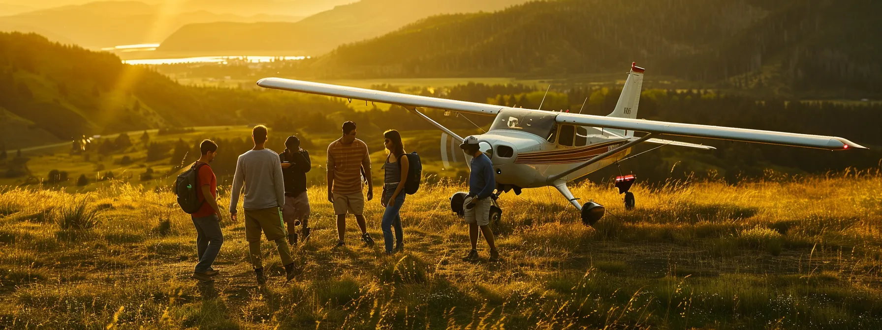 a group of diverse pilots and aviation enthusiasts, radiating camaraderie and excitement, gather around a bush plane on a sunlit grass airfield, exemplifying the spirit of safe and adventurous backcountry flying.