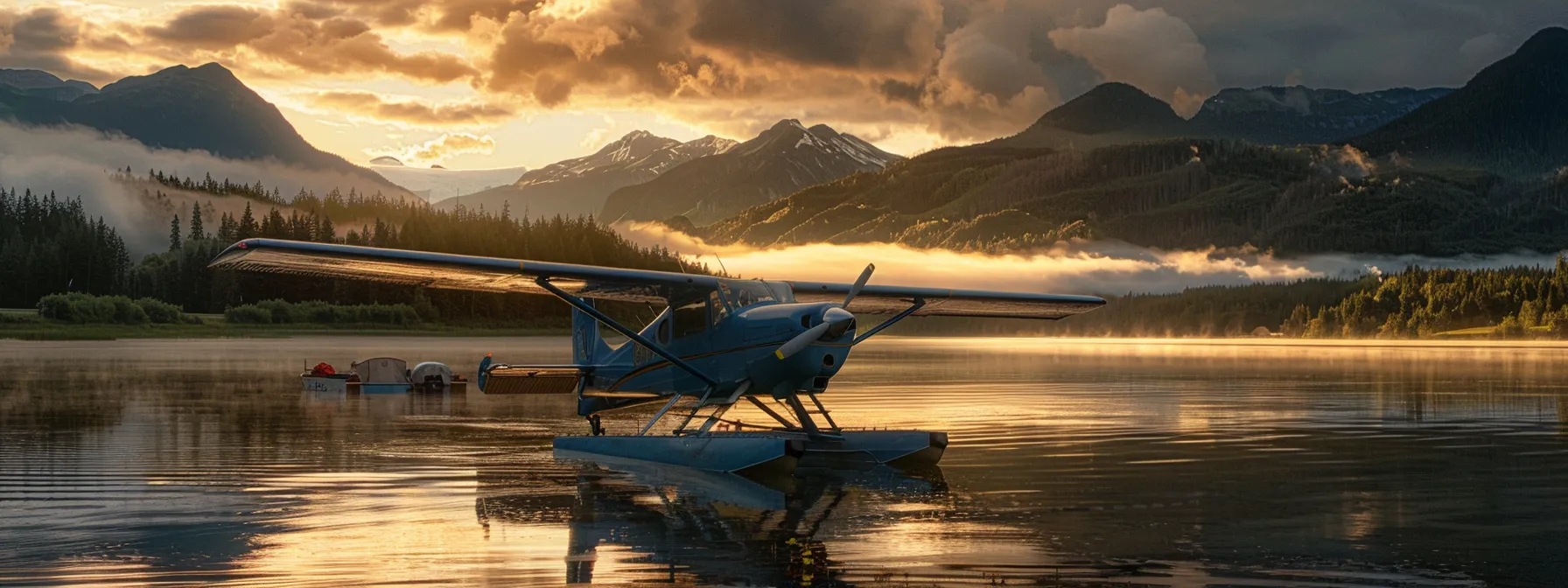 A majestic sunrise casts a golden glow over a rugged backcountry lake, where a De Havilland Beaver seaplane rests on its floats near a bush pilot's campsite, surrounded by towering mountains and aviation gear that reflect the spirit of continuous learning and skill enhancement in aviation.