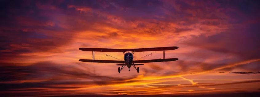 a majestic vintage biplane soars through a vibrant sunset sky, its colorful wings contrasting beautifully against the warm golden and deep purple hues, evoking a sense of adventure and nostalgia in the expansive atmosphere.