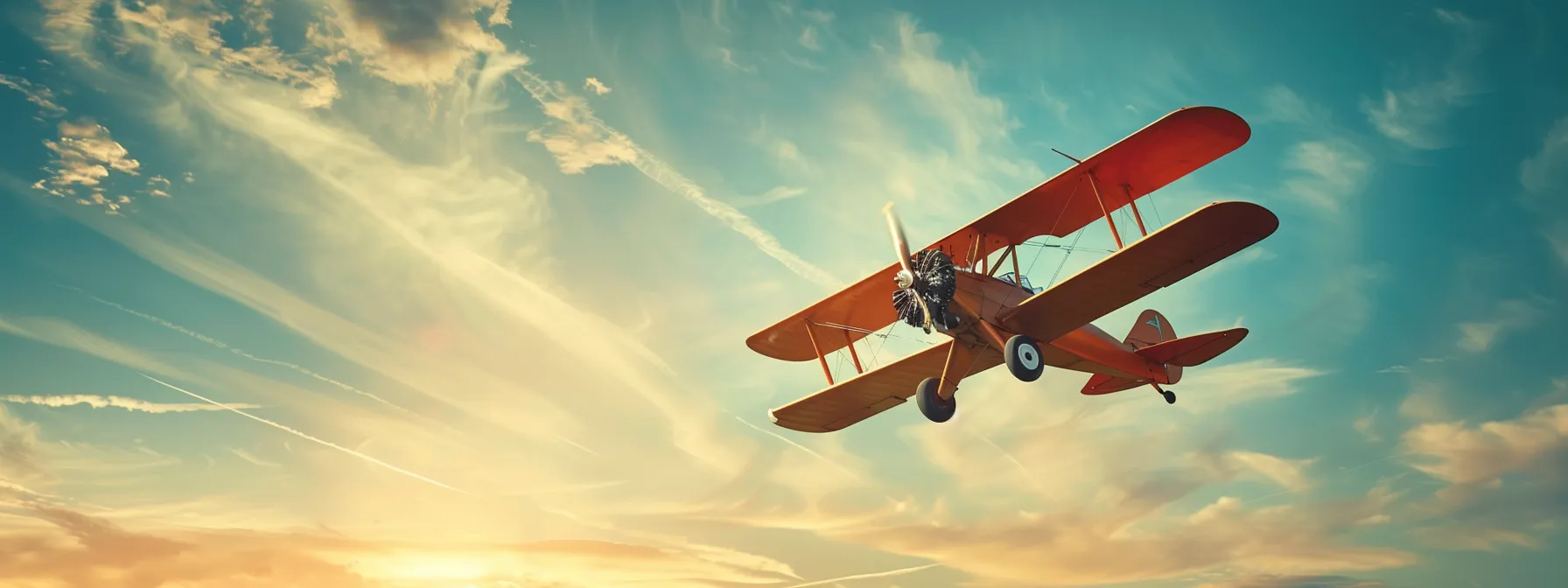 a majestic vintage biplane soars gracefully through a clear azure sky, its vibrant colors reflecting the golden sunlight, while wisps of white clouds swirl elegantly in the background.