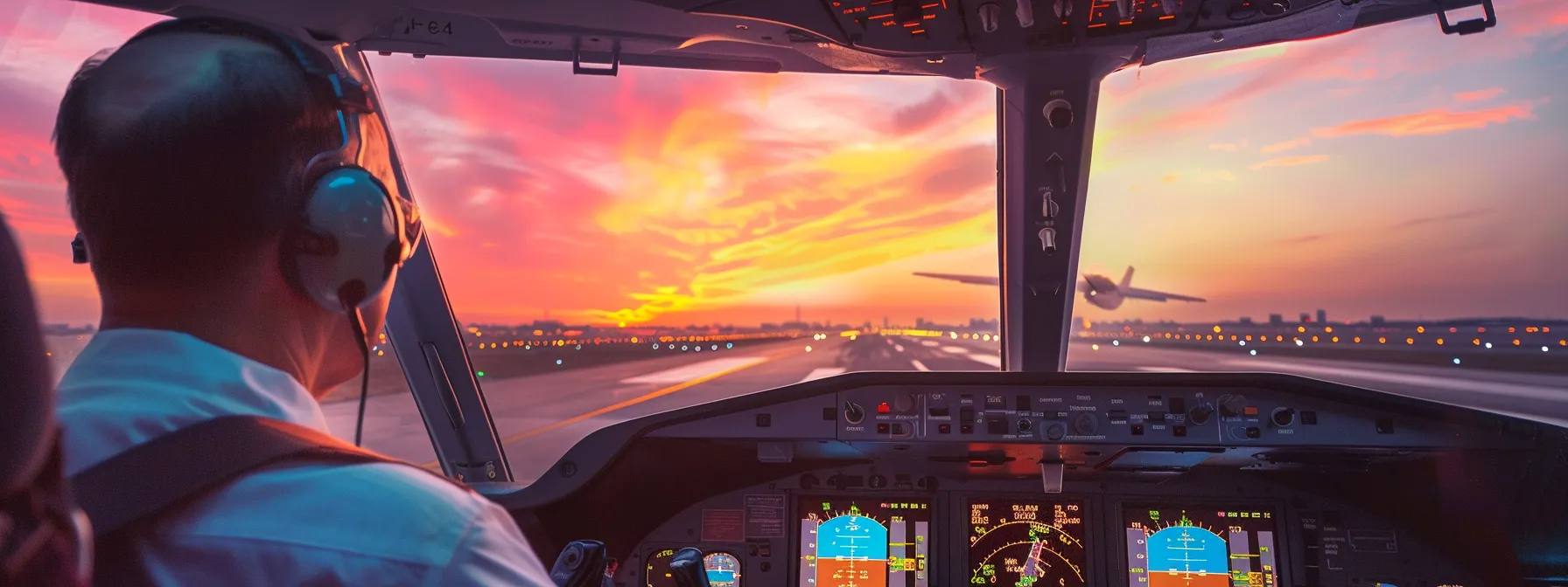 a pilot confidently navigates a vibrant airfield at sunset, embodying effective ctaf communication amidst a blend of orange and pink skies, showcasing the importance of safety in general aviation operations.