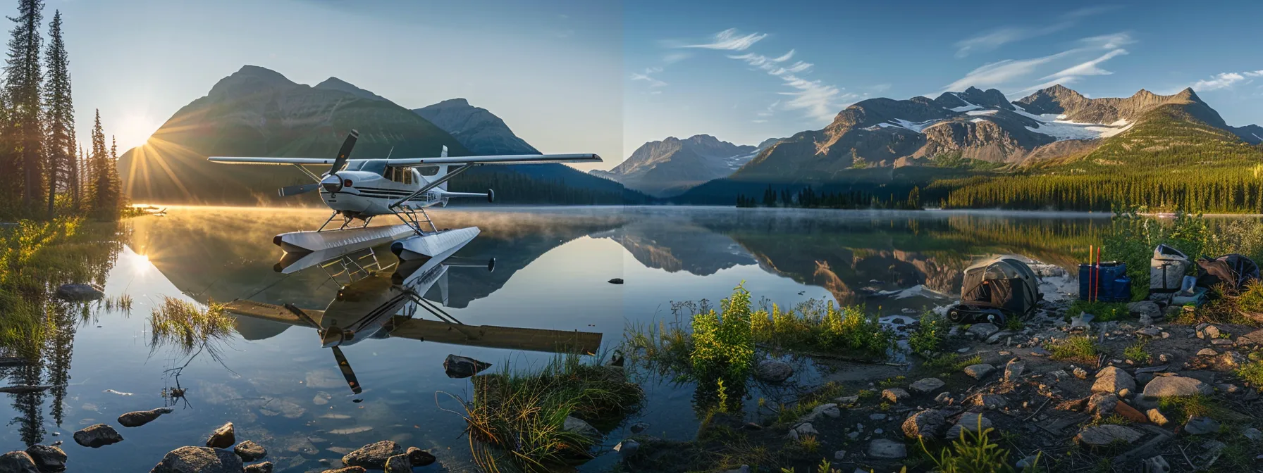 A realistic seaplane, docked at a rugged backcountry lake at sunrise, is surrounded by a bush pilot's campsite and aviation gear, with towering mountains reflecting in the calm waters, symbolizing expert guidance and collaboration in aviation.