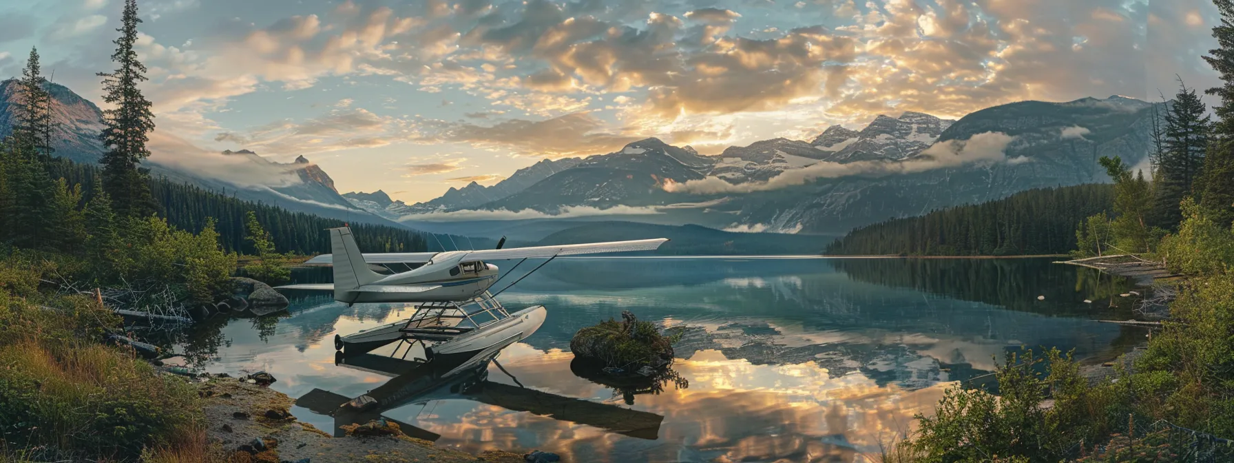 A serene backcountry lake at sunrise showcases a realistic De Havilland Beaver seaplane docked near a cozy bush pilot's campsite, framed by majestic mountains, emphasizing themes of aviation reliability and connection to nature.