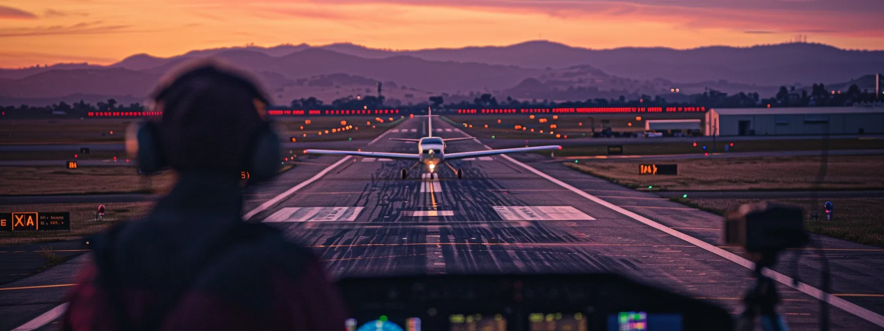 a serene dusk scene captures a small airport runway with a cessna 172 on final approach, while a pilot attentively monitors a radio in the foreground, subtle frequency waves emanating from the aircraft, symbolizing the vital communication of the ctaf system.