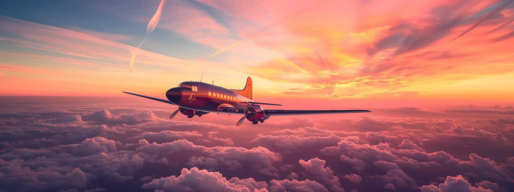 a sleek, polished vintage aircraft gliding gracefully through a vibrant sunset sky, casting warm hues of orange and pink against the backdrop of fluffy clouds, embodying the spirit of aviation adventure.