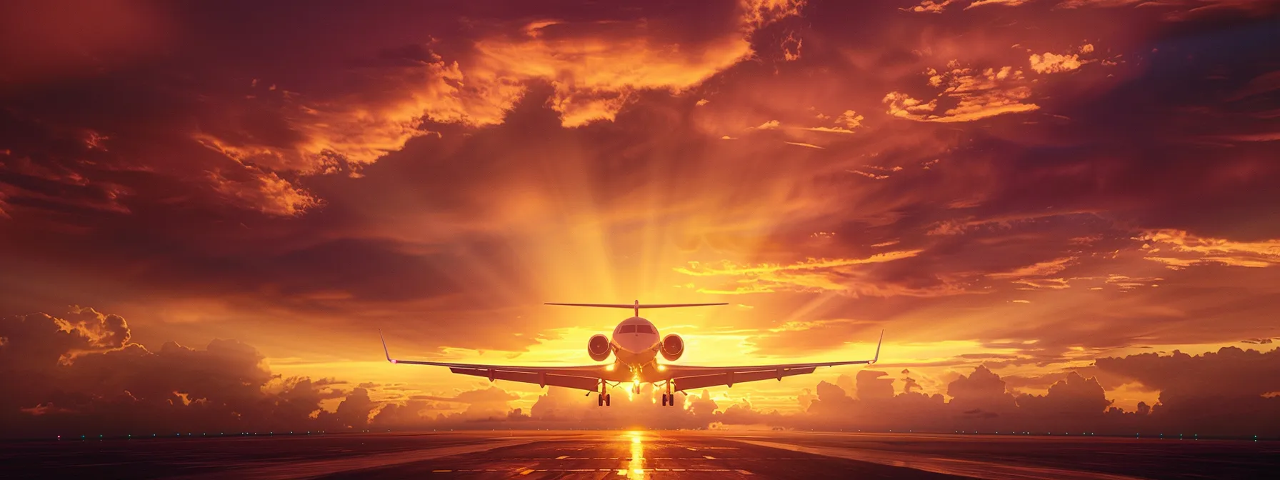 a sleek private jet, gleaming under a vibrant sunset sky, prepares for takeoff from a secluded airstrip, embodying luxury and the spirit of aviation.