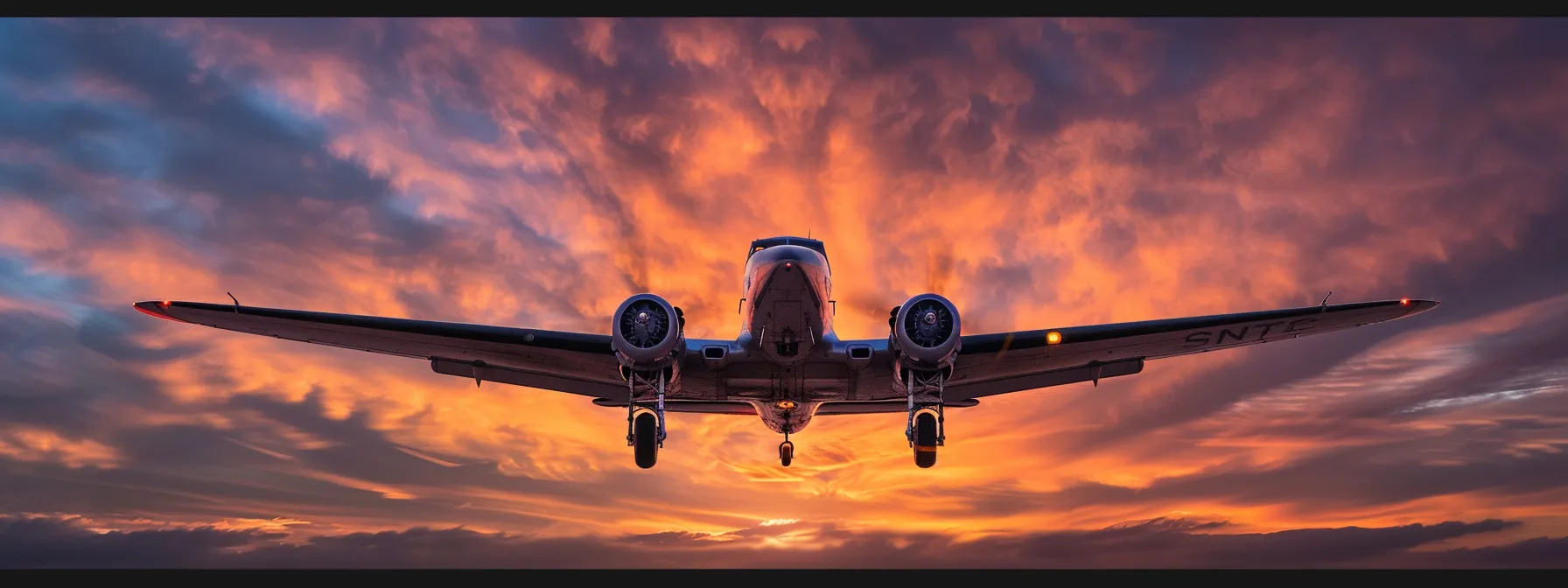 a sleek, vintage aircraft glides gracefully through a vibrant sunset sky, casting a warm glow on its polished fuselage while silken clouds surround it in a breathtaking display of colors.