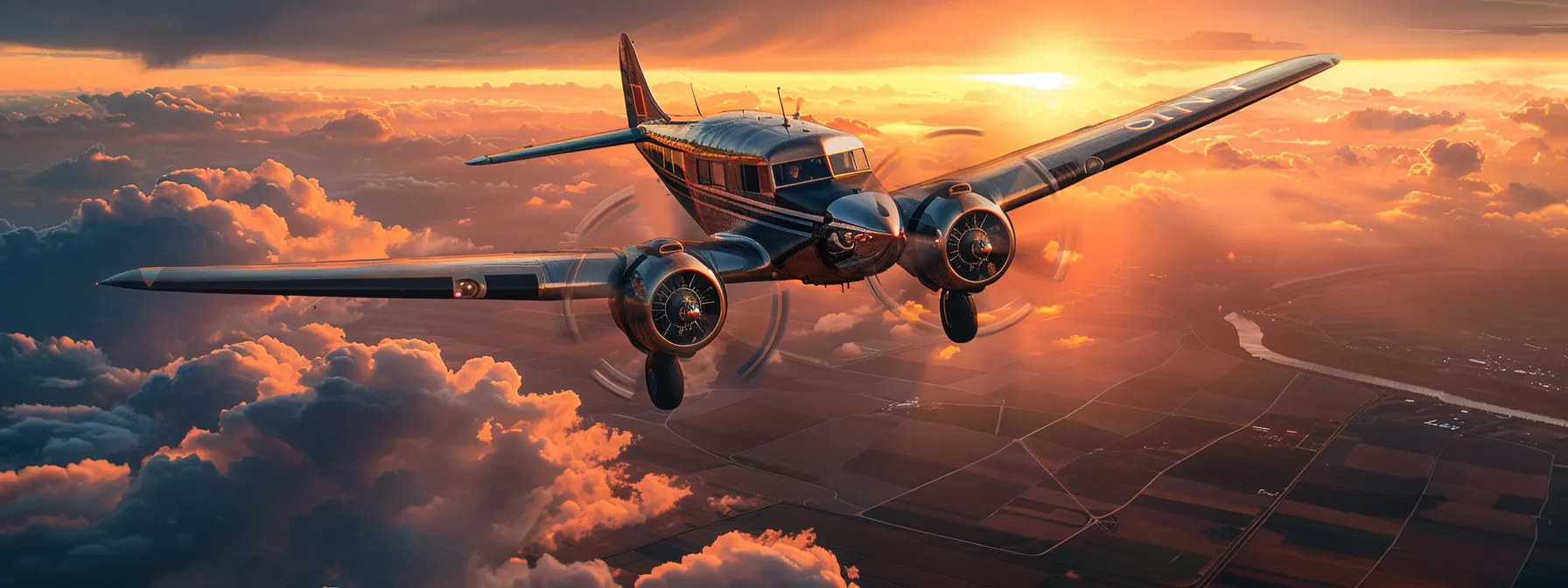 a sleek vintage aircraft soars through a vibrant sunset sky, its polished fuselage reflecting the warm golden hues, surrounded by wispy clouds that emphasize the sense of freedom and adventure within the aviation community.