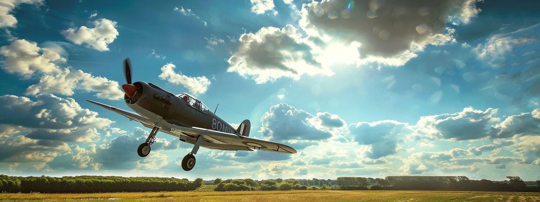 a sleek, vintage airplane glides gracefully above a sunlit landscape, casting a dynamic shadow on the verdant fields below, with fluffy clouds dotting a brilliant blue sky.