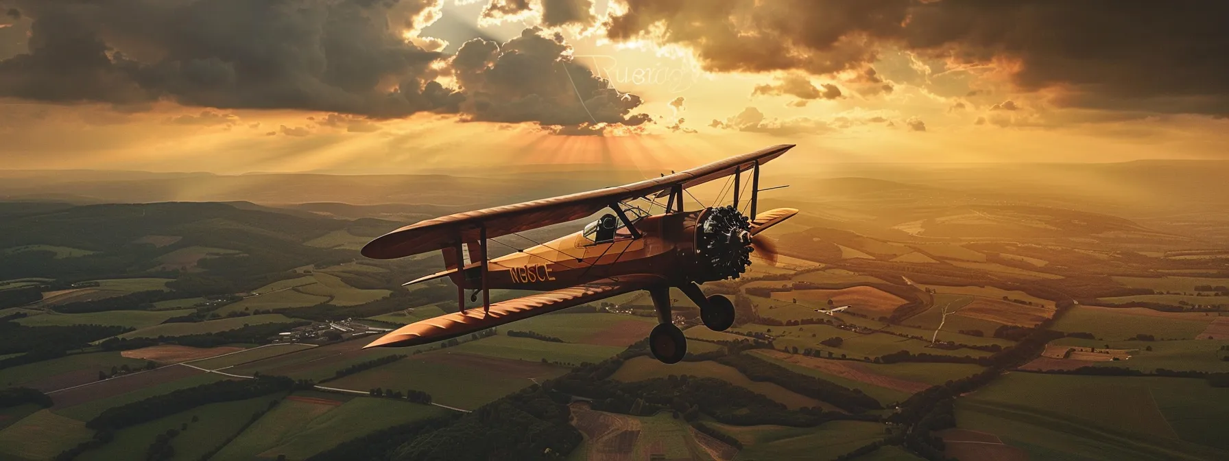 a sleek, vintage biplane glides gracefully through a brilliant sunset sky, casting striking shadows on a vast green landscape below, evoking a sense of adventure and nostalgia within the aviation community.