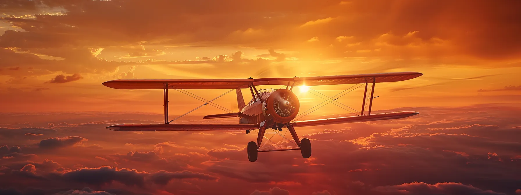 a sleek, vintage biplane glides gracefully through a vibrant sunset sky, its polished wings reflecting the warm hues of orange and pink, symbolizing the spirit of aviation and adventure.