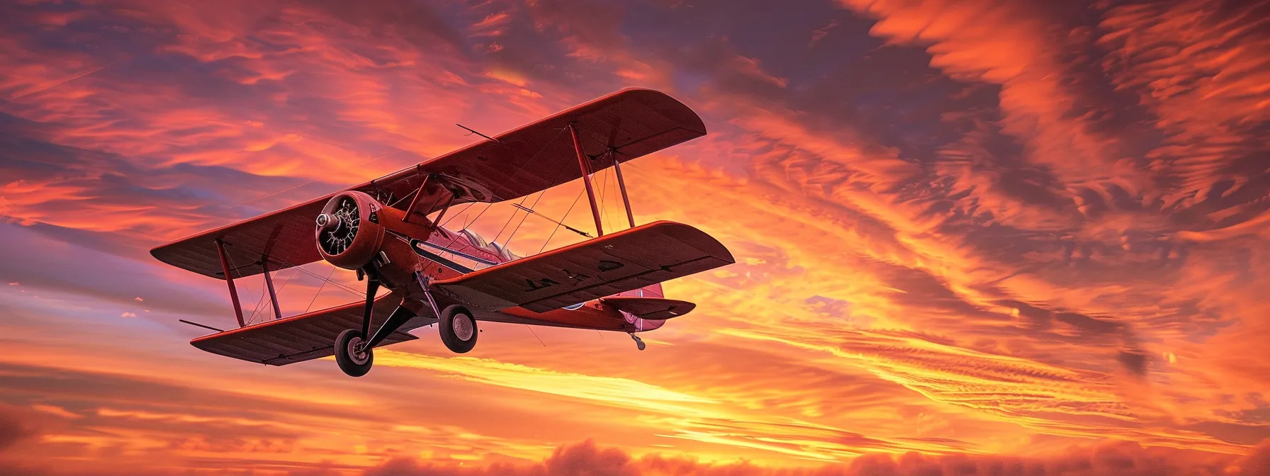 a sleek, vintage biplane gracefully soars through a vibrant sunset sky, its polished wings reflecting warm hues of orange and pink as wispy clouds drift behind it.