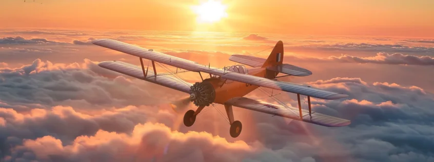 a sleek vintage biplane soars gracefully through a vibrant sunset sky, casting a warm golden glow on the clouds below, showcasing the beauty and freedom of aviation.