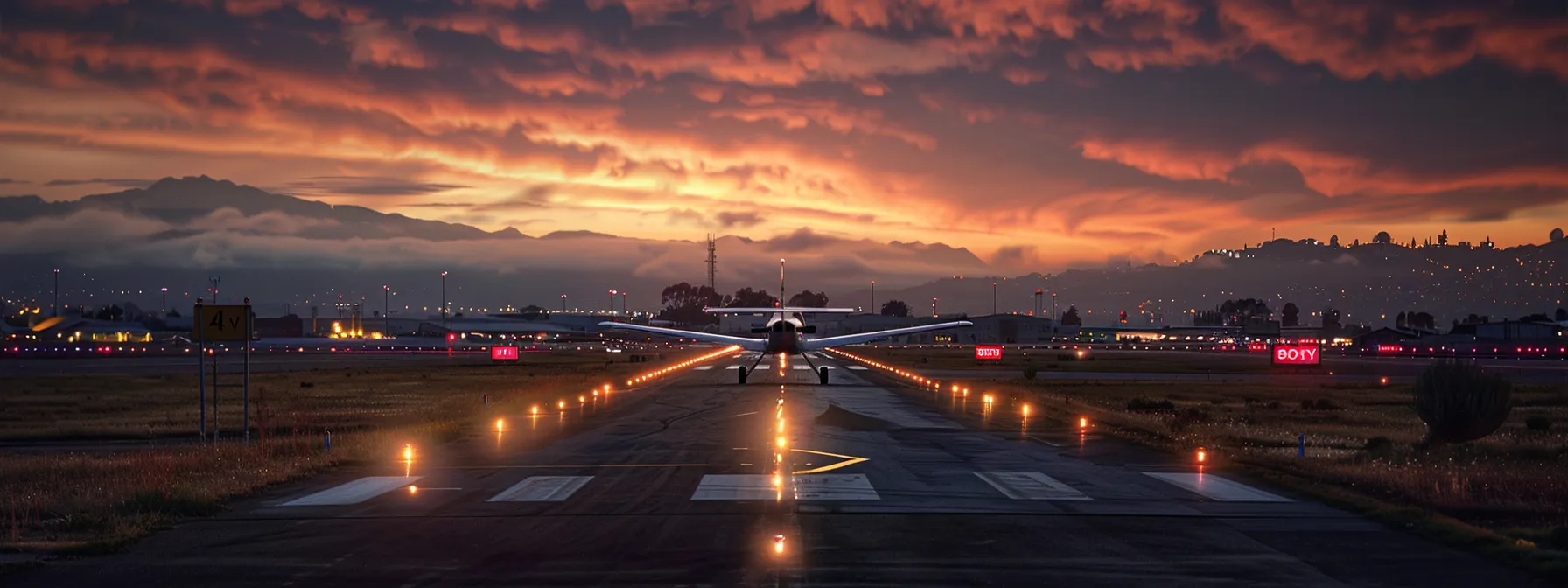 a small airport runway at dusk features a realistic cessna 172 on final approach, with a pilot in the foreground intently monitoring a radio, while subtle frequency waves ripple across the sky, encapsulating the essence of aviation communication.