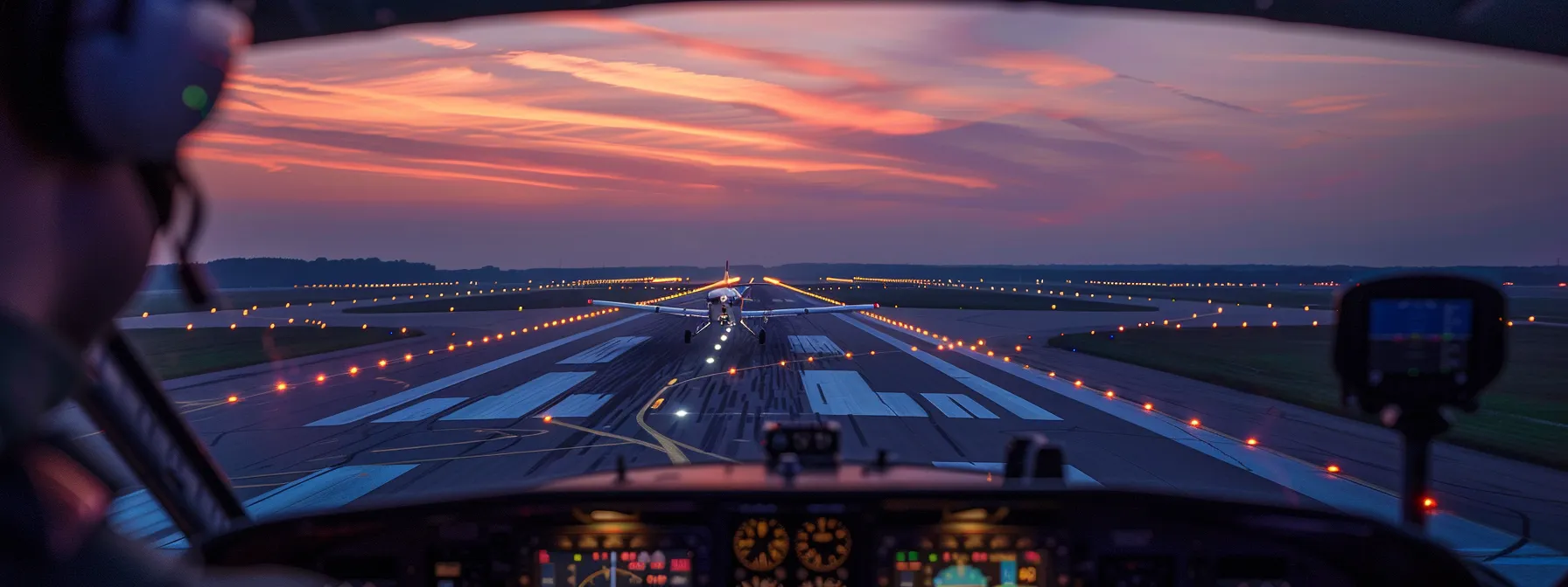 a small airport runway at dusk comes to life as a cessna 172 approaches for landing, with a focused pilot monitoring a radio in the foreground, while subtle frequency waves ripple across the evening sky, symbolizing clear communication in aviation.