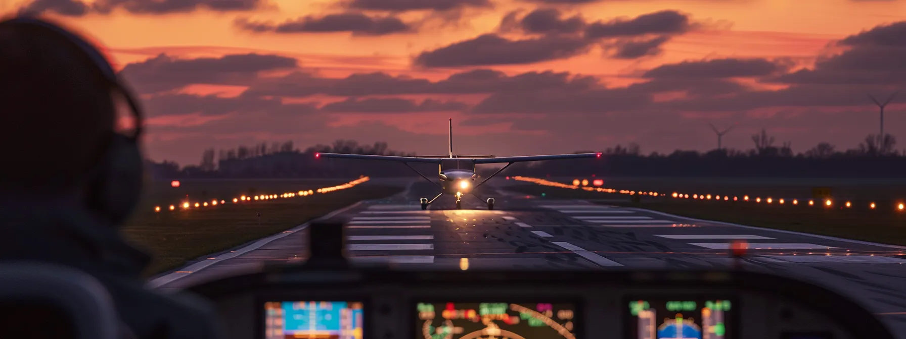 a small airport runway at dusk comes alive with a cessna 172 on final approach, as a focused pilot monitors a radio in the foreground, with subtle frequency waves gently illuminating the sky, highlighting the essence of enhanced ctaf communication in aviation.