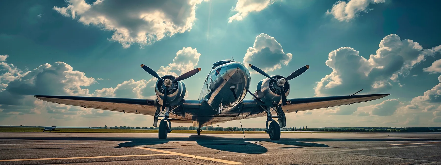 a stunning close-up of a vintage propeller airplane resting on a sun-drenched airstrip, with a backdrop of clear blue skies and billowing white clouds, capturing the essence of aviation nostalgia.