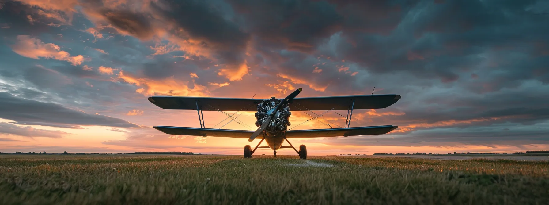 a stunning sunset casts a warm glow over a sleek vintage biplane parked on a grassy airstrip, highlighting the rich colors of the sky and the polished metal of the aircraft, evoking a sense of adventure and nostalgia in the aviation community.