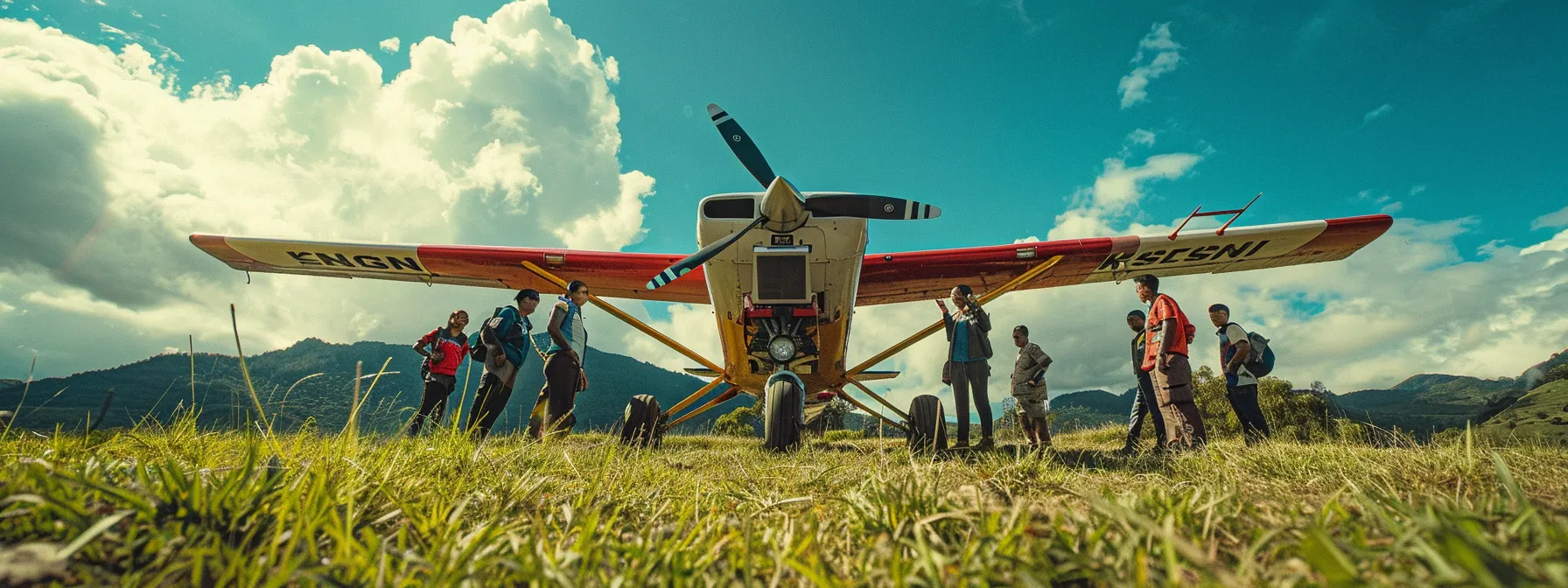 A vibrant community of diverse pilots networking around a colorful bush plane.