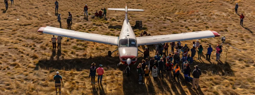 a vibrant gathering of diverse pilots and backcountry aviation enthusiasts joyfully network around a bush plane at a sunny grass airfield, embodying the spirit of adventure and community in the world of bush flying.