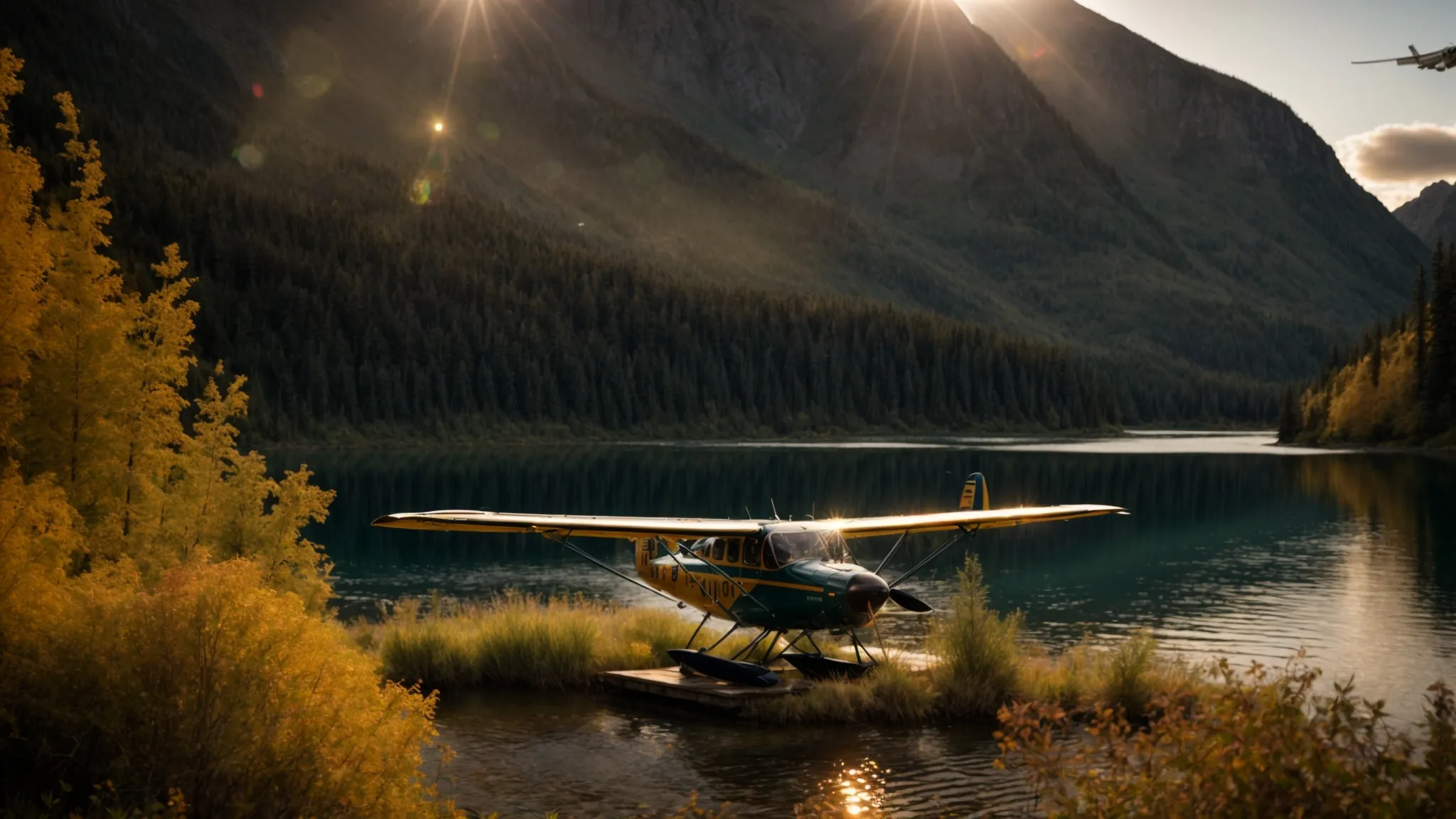 a dramatic sunrise casts golden light over a rugged backcountry lake, showcasing a meticulously detailed de havilland beaver seaplane docked near a bush pilot’s campsite, with towering mountains rising majestically in the background.